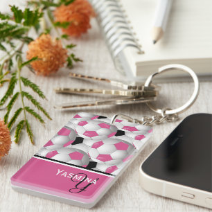 Porte-clefs Motif de balle de soccer rose Monogram