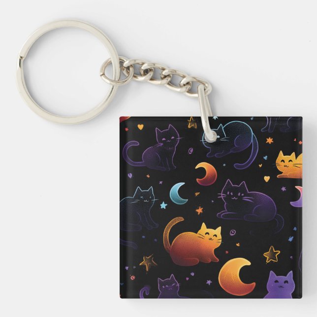 Porte-clefs Motif de chat céleste magique avec lunes (Devant)
