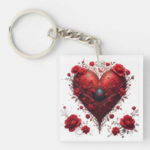 Porte-clefs Motif de cœur floral rouge avec des fleurs épanoui