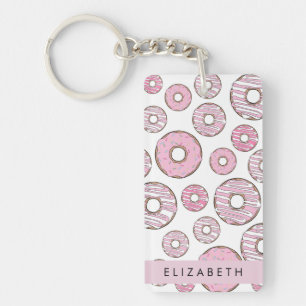 Porte-clefs Motif De Donuts, Donuts Roses, Glace, Votre Nom