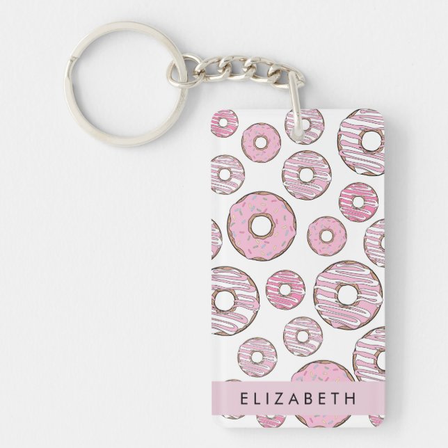 Porte-clefs Motif De Donuts, Donuts Roses, Glace, Votre Nom (Devant)