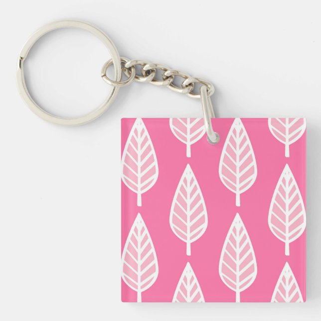 Porte-clefs Motif de feuille de hêtre - Rose fluorescent et bl (Devant)