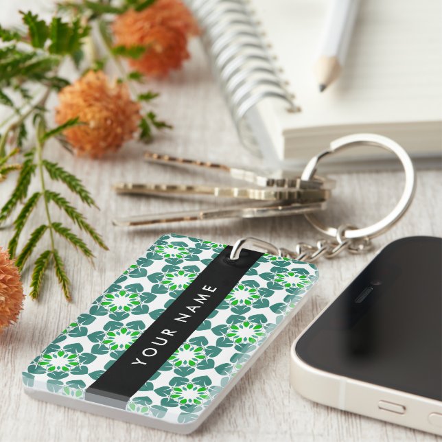 Porte-clefs Motif de feuille, feuilles vertes, votre nom (Devant droit)
