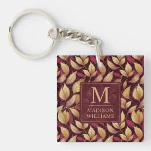 Porte-clefs Motif de feuilles d'automne pailleté rouge bordeau