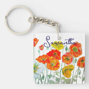 Porte-clefs Motif de fleurs de pavot rouge orange Merci