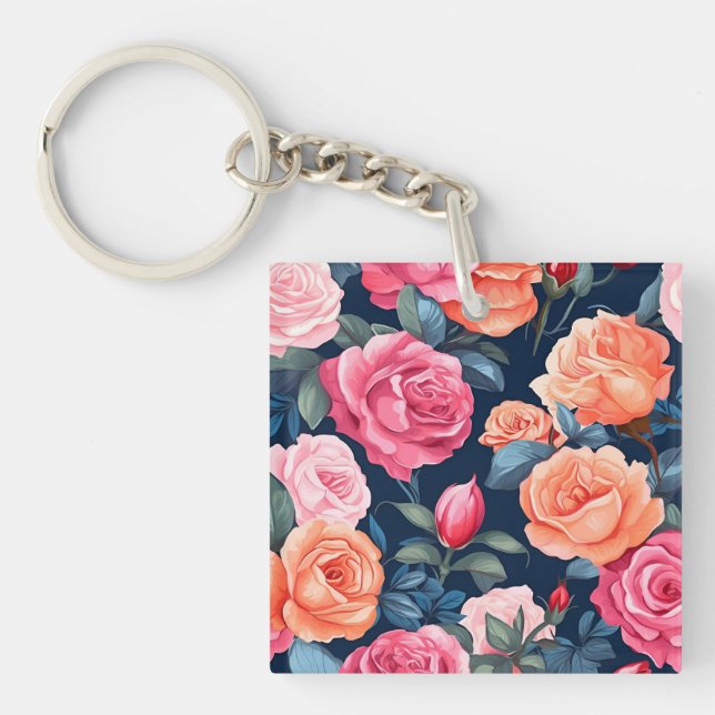 Porte-clefs Motif de fleurs de roses en fleurs (Devant)