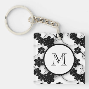 Porte-clefs Motif de fleurs noir mignon de mod, votre initiale