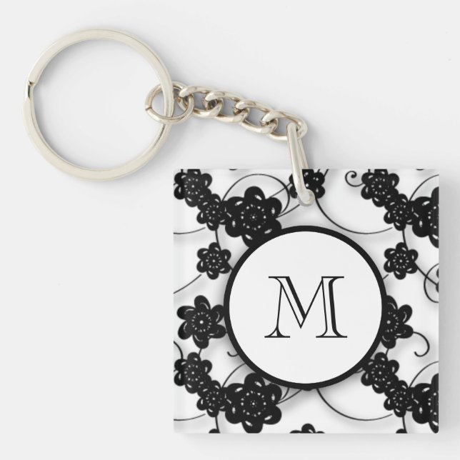 Porte-clefs Motif de fleurs noir mignon de mod, votre initiale (Devant)
