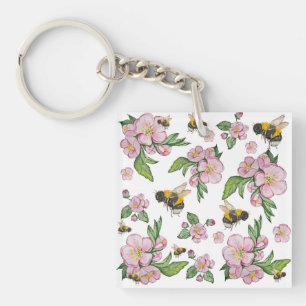 Porte-clefs Motif de l'aquarelle des pommiers et des abeilles