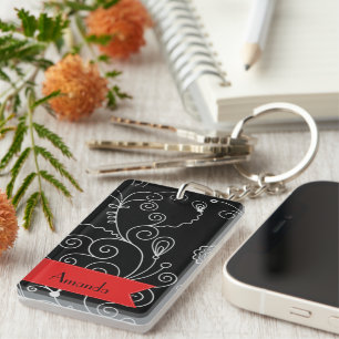 Porte-clefs Motif de perles, noir et blanc, votre nom