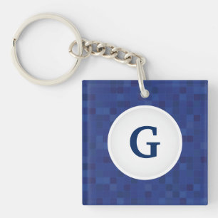 Porte-clefs Motif de pixel en mosaïque bleue monogramme person
