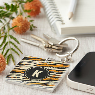 Porte-clefs Motif de tigre noir et orange avec monogramme