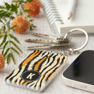 Porte-clefs Motif de tigre noir et orange avec monogramme