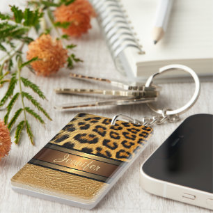 Porte-clefs Motif en cuir doré peau de léopard faux personnali