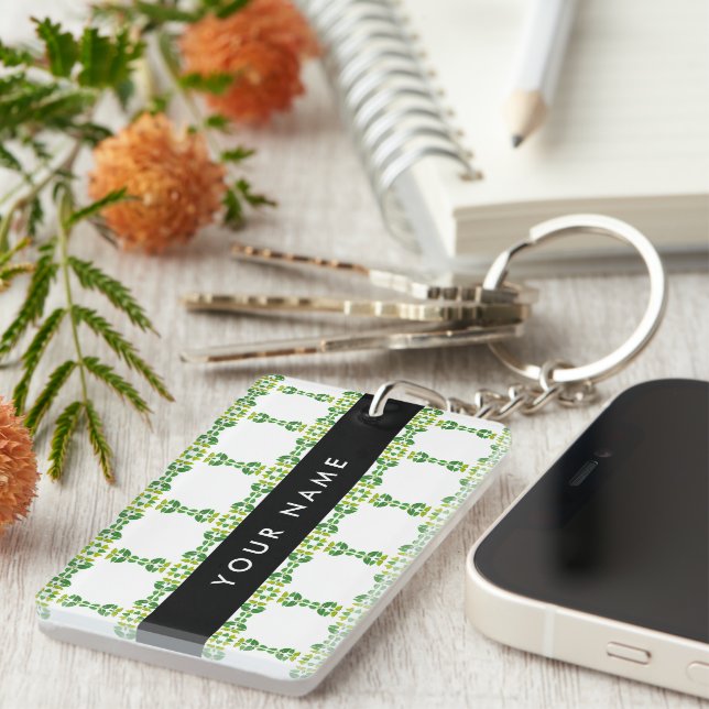 Porte-clefs Motif feuille, Feuilles verts, votre nom (Devant droit)