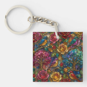 Porte-clefs Motif Fleurs Oiseaux Galaxie
