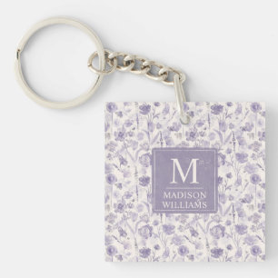 Porte-clefs Motif floral aquarelle lavande violet fleurs