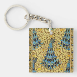 Porte-clefs Motif floral au paon bleu Art nouveau vintage
