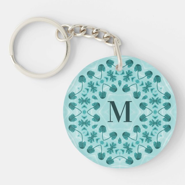 Porte-clefs Motif floral, bleu Turquoise initial (Devant)
