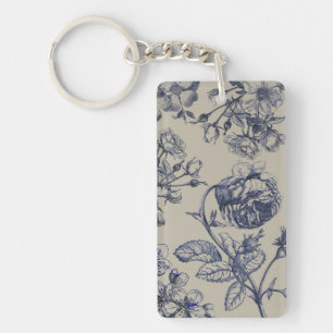 Porte-clefs Motif Floral Botanique Toile Bleue Vintage Antique