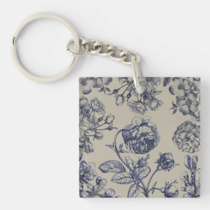 Porte-clefs Motif Floral Botanique Toile Bleue Vintage Antique