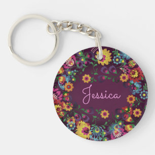 Porte-clefs Motif floral coloré et occupé violet personnalisé