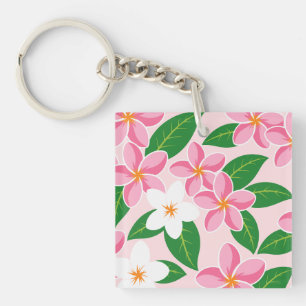 Porte-clefs Motif floral de plumeria rose et blanc