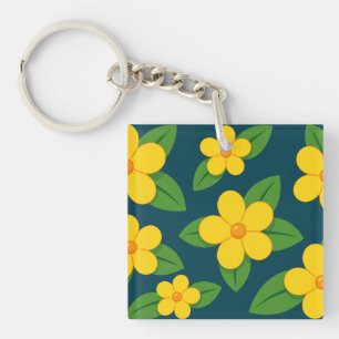 Porte-clefs Motif floral jaune vif avec feuilles vertes