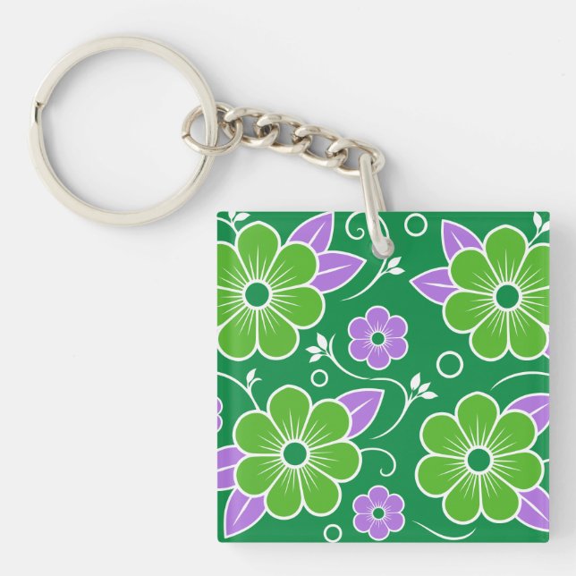 Porte-clefs Motif floral vert et violet décoratif (Devant)