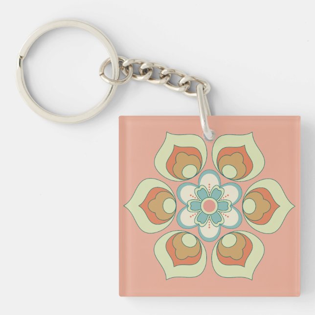 Porte-clefs motif floral vert rétro (Devant)