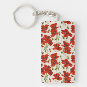 Porte-clefs Motif floral vintage coquelicot rouge, Art botaniq