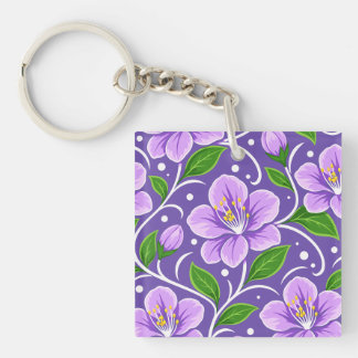Porte-clefs Motif floral violet clair avec feuilles vertes