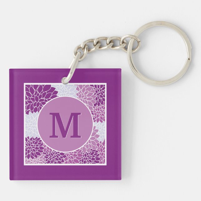 Porte-clefs Motif floral violet foncé monogramme (Dos)