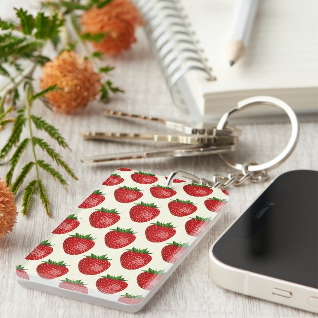 Porte-clefs Motif fraises, fraises rouges, fruits, feuilles (Devant droit)