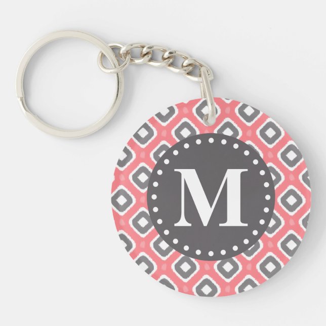 Porte-clefs Motif gris rose Ikat Mod avec Monogramme (Devant)