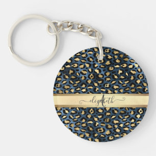 Porte-clefs Motif léopard bleu or monogramme