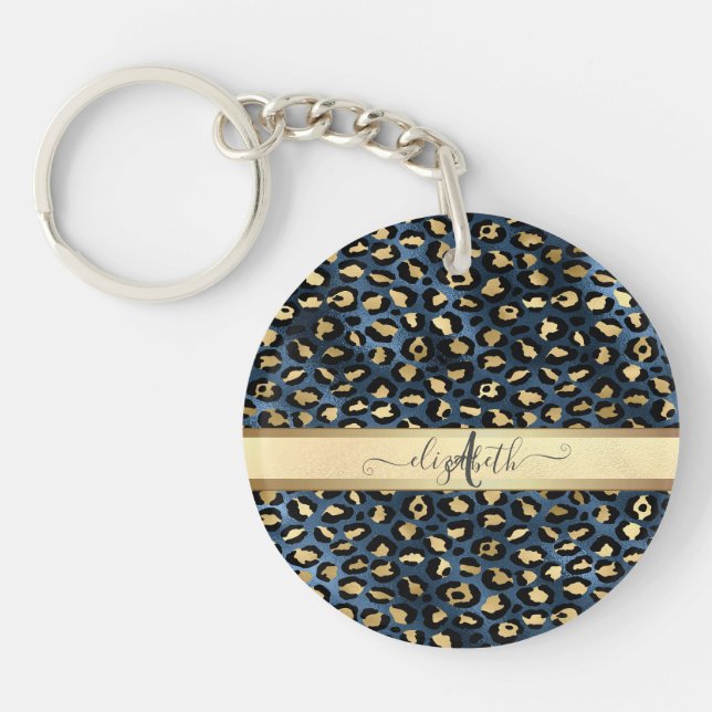 Porte-clefs Motif léopard bleu or monogramme (Devant)