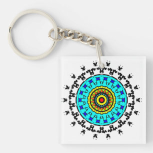 Porte-clefs Motif Mandala Floral Sans Couture Cyan Doré Vif
