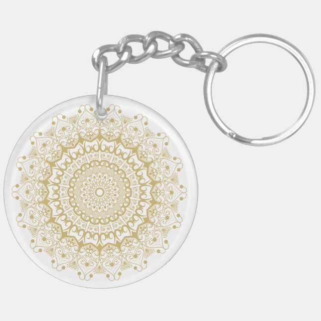 Porte-clefs Motif mandala orné d'or sur blanc (Dos gauche)