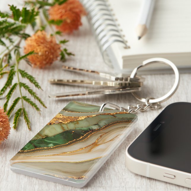 Porte-clefs Motif marbré vert et or (Devant droit)