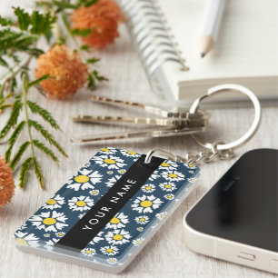 Porte-clefs Motif marguerite, marguerites blanches, votre nom