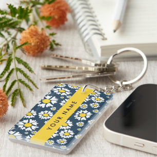 Porte-clefs Motif marguerite, marguerites blanches, votre nom