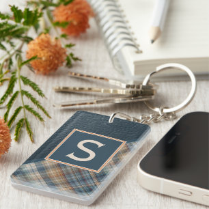 Porte-clefs Motif Plaid Turquoise en bande bleu foncé personna