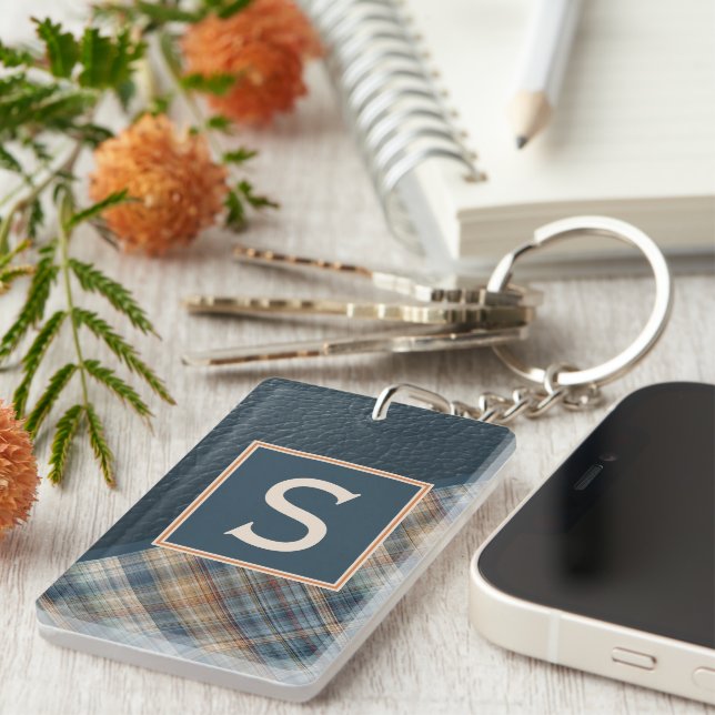 Porte-clefs Motif Plaid Turquoise en bande bleu foncé personna (Devant droit)