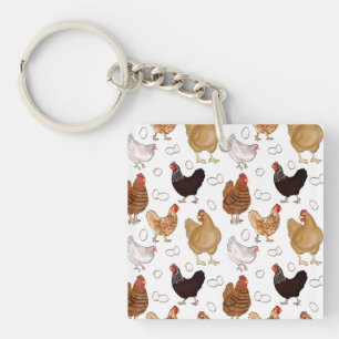 Porte-clefs Motif Poule et Œufs sur Fond Blanc