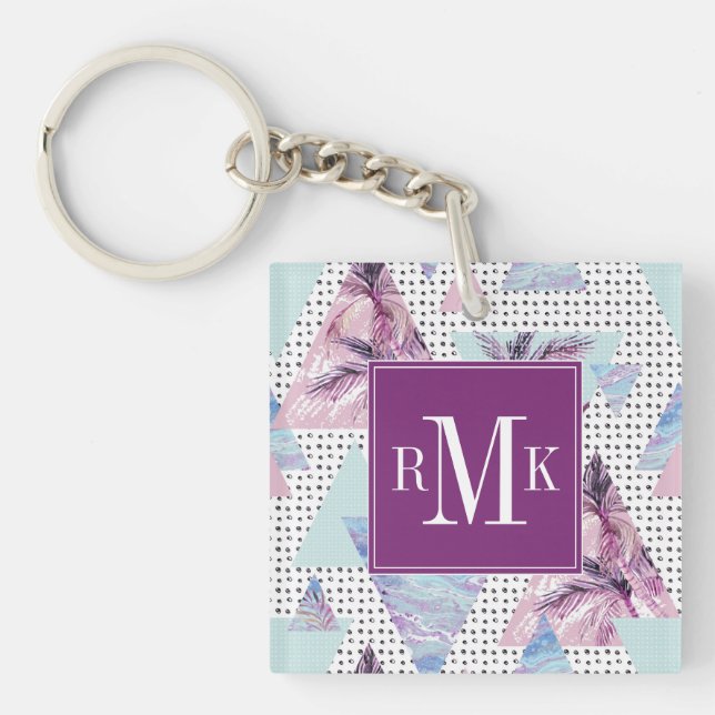 Porte-clefs Motif rose et bleu d'aquarelle de palmier (Devant)