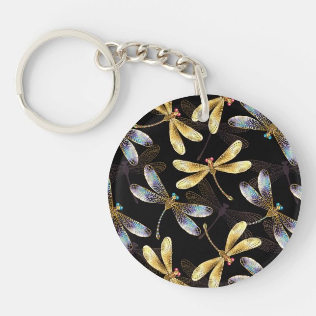 Porte-clefs Motif sans couture avec libellules d'or (Devant)