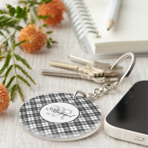 Porte-clefs Motif tartan Noël noir blanc Monogramme