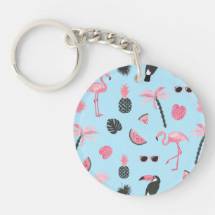 Porte-clefs Motif tropical d'été rose et bleu