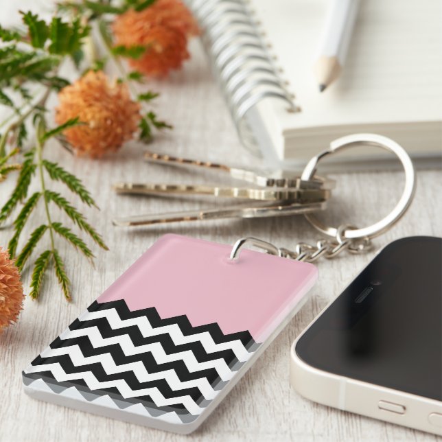 Porte-clefs Motif Zigzag noir et blanc, Chevron, rose (Devant droit)